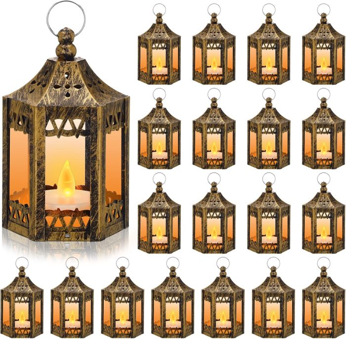 Hortsun 20 Pcs Ramadan Lantern LED Candles Mini Lantern Eid Mubarak Decorative for Table Centerpiece Battery Powered Hanging Tealight for Wedding Diwali Home Decor(Gold)