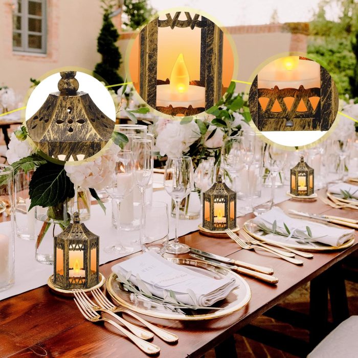 Hortsun 20 Pcs Ramadan Lantern LED Candles Mini Lantern Eid Mubarak Decorative for Table Centerpiece Battery Powered Hanging Tealight for Wedding Diwali Home Decor(Gold) - Image 6